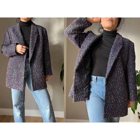 vtg y2k blue speckled boucle open front coat retro jacket‎ market blazer XL boho - Picture 2 of 9